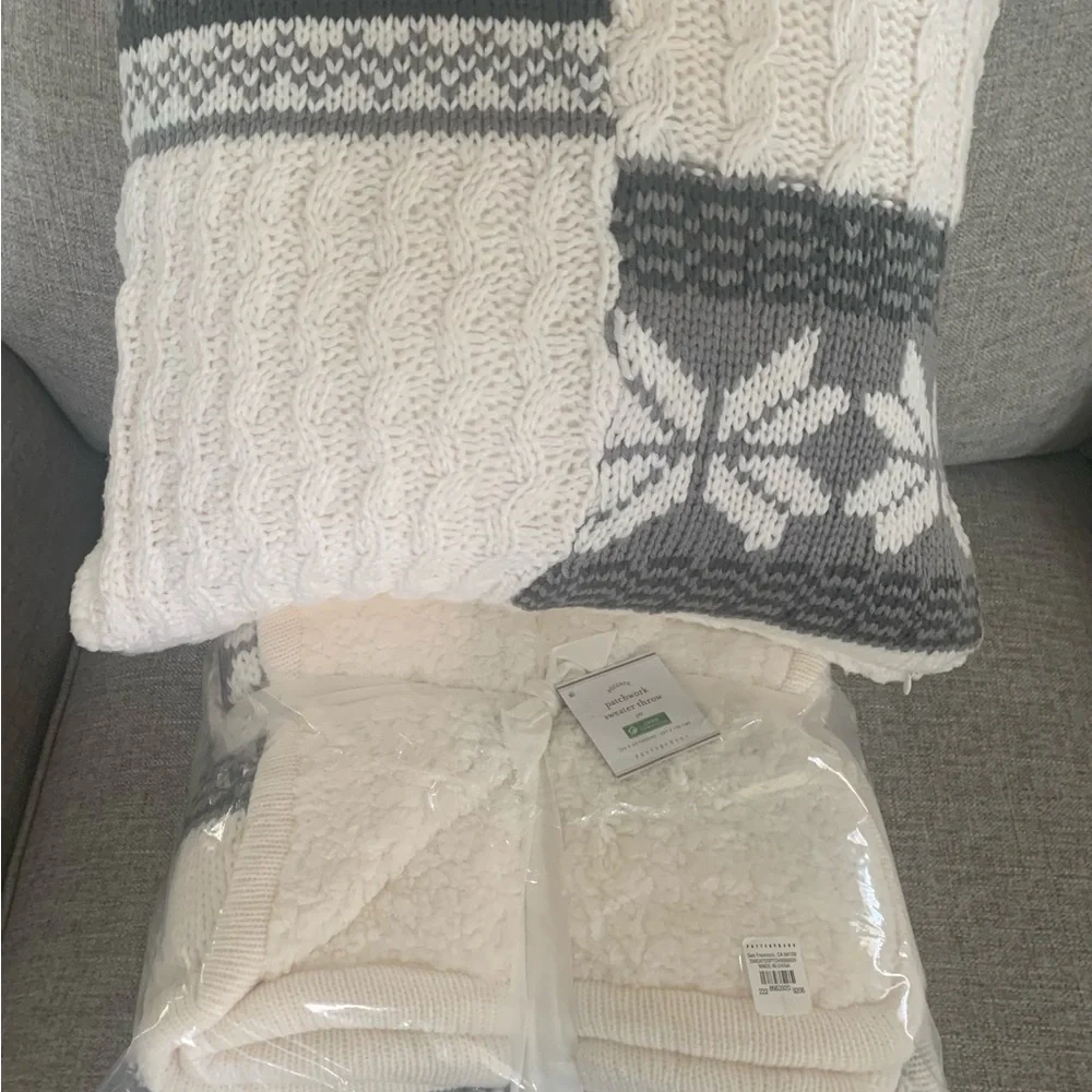 Pottery Barn Cream and Gray Patchwork Sweater Throw and matching Pillow Cover